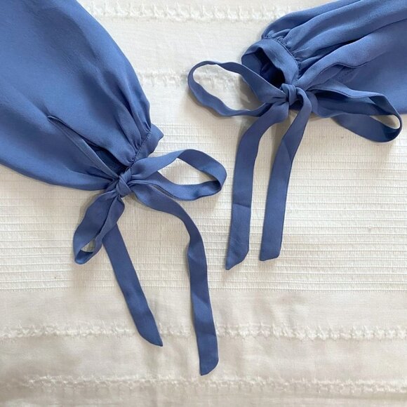 LPA 100% SILK MUTED BLUE OPEN BACK LONG SLEEVE TIE CUFF MINI CHIFFON DRESS - XS - Picture 7 of 9